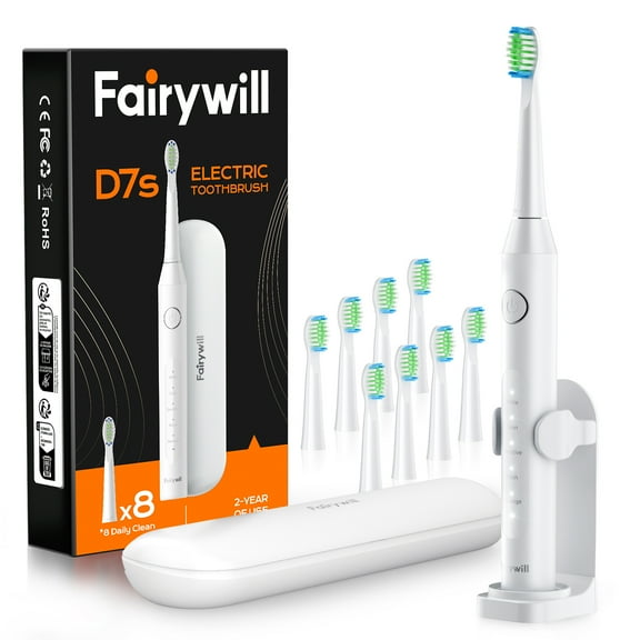 Fairywill D7s Electric Toothbrush,Sonic Toothbrush for Adults,8pcs Dupont Brush Heads with Travel Covers and Electric Toothbrush Holder,White