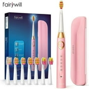Fairywill Electric Toothbrush Rechargeable USB Charge Waterproof 8 Brushes Replacement Heads for Adults and Teen, Pink