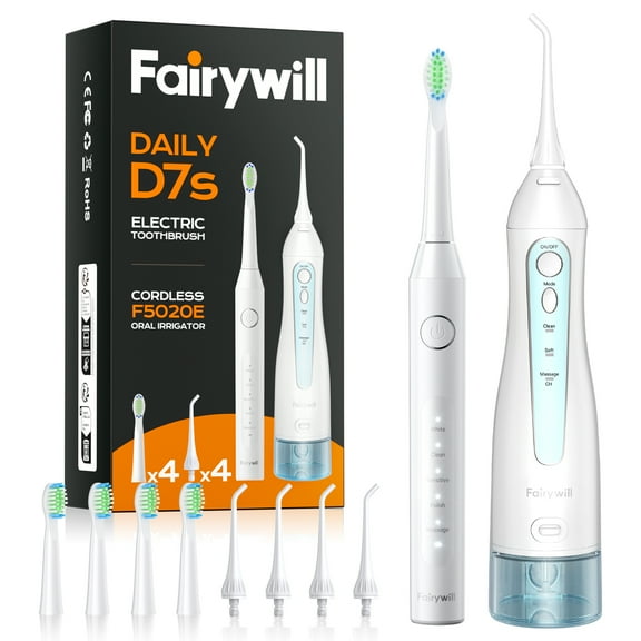 Fairywill Electric Toothbrush Water Flosser Combo, 47000/min Sonic Toothbrush with 5 Modes and 300ml Oral Irrigator,4 Brush Heads & 4 Jet Tips Included, White