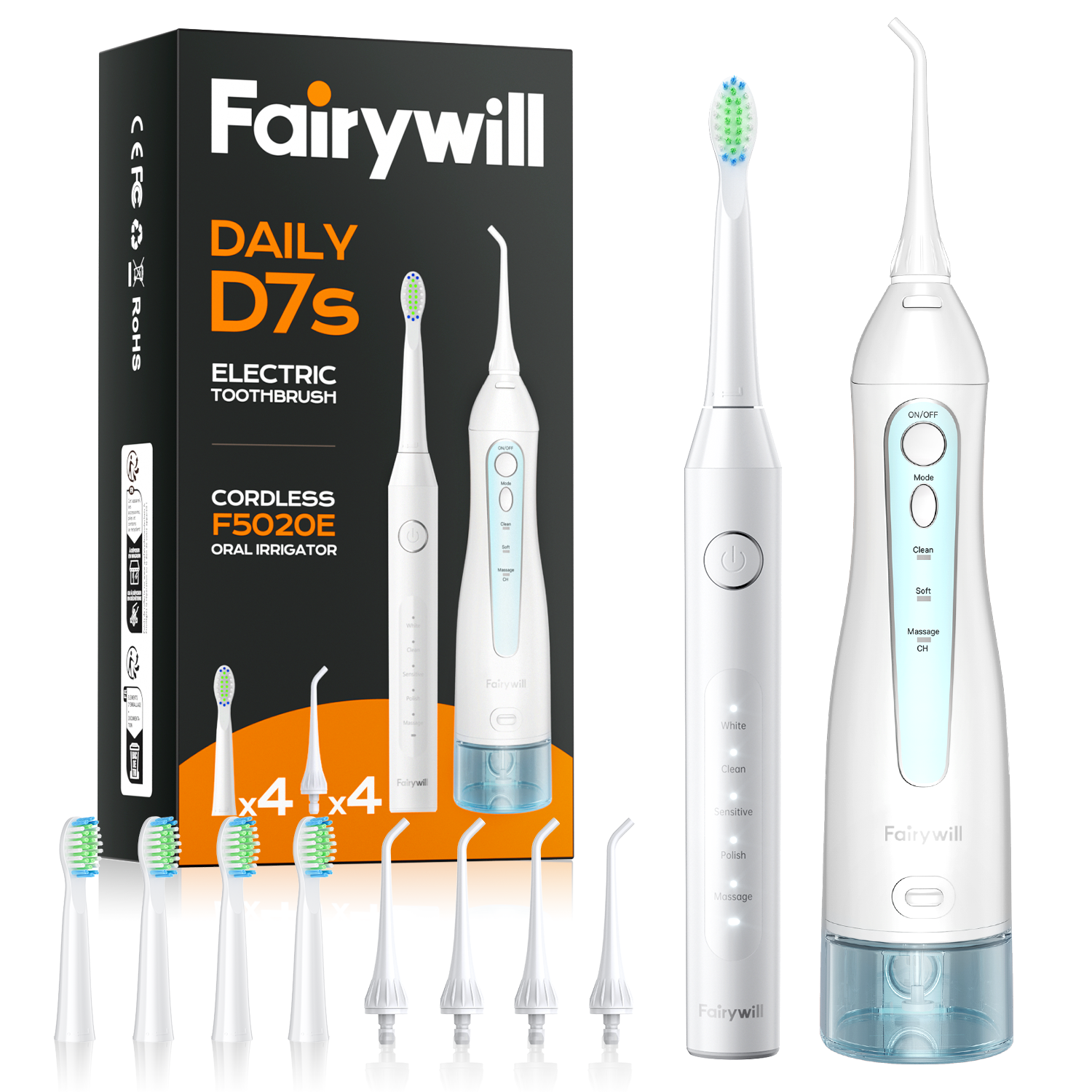Fairywill Electric Toothbrush Water Flosser Combo, 47000/min Sonic Toothbrush with 5 Modes and 300ml Oral Irrigator,4 Brush Heads & 4 Jet Tips Included, Black