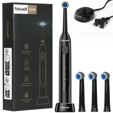 Fairywill Rotating Electric Toothbrush for Adults, Rechargeable Spin Ultrasonic Toothbrush with Plug-in Charging,4 Brush Heads, Black