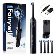 Fairywill Rotating Electric Toothbrush for Adults, Rechargeable Spin Ultrasonic Toothbrush with USB Charging Base,4 Brush Heads, Black