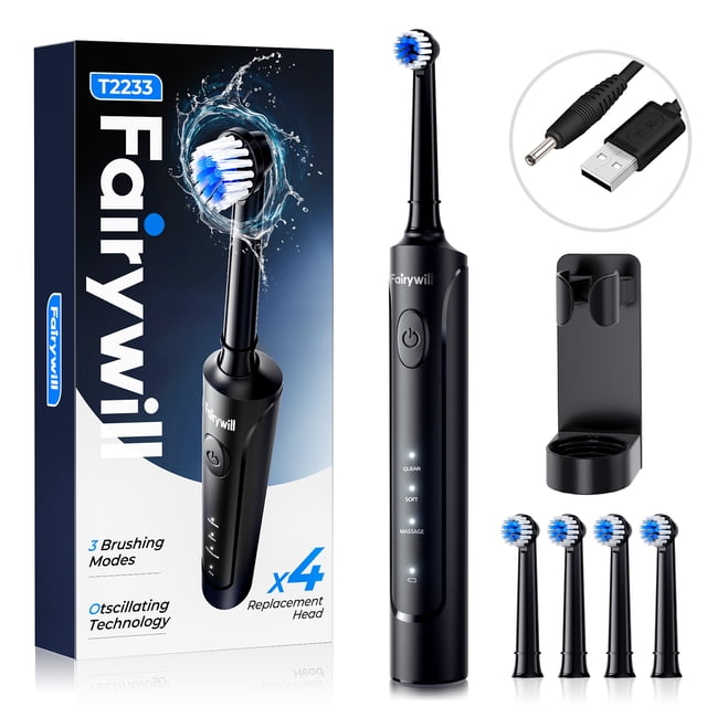 Fairywill Rotating Electric Toothbrush for Adults, Rechargeable Spin Ultrasonic Toothbrush with USB Charging Base,4 Brush Heads, Black