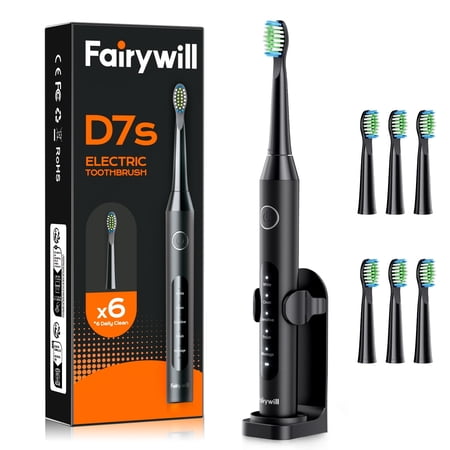 Fairywill Sonic Electric Toothbrush for Adults, Rechargeable with 6 Dupont Brush Heads, 47000 VPM, 5 Modes, Fast Charge,60-Day Battery, IPX7 Waterproof, Black