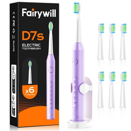 Fairywill D7s Sonic Electric Toothbrush for Adults, Rechargeable with 6 Dupont Brush Heads, 47000 VPM, 5 Modes, Fast Charge,60-Day Battery, IPX7 Waterproof, Purple