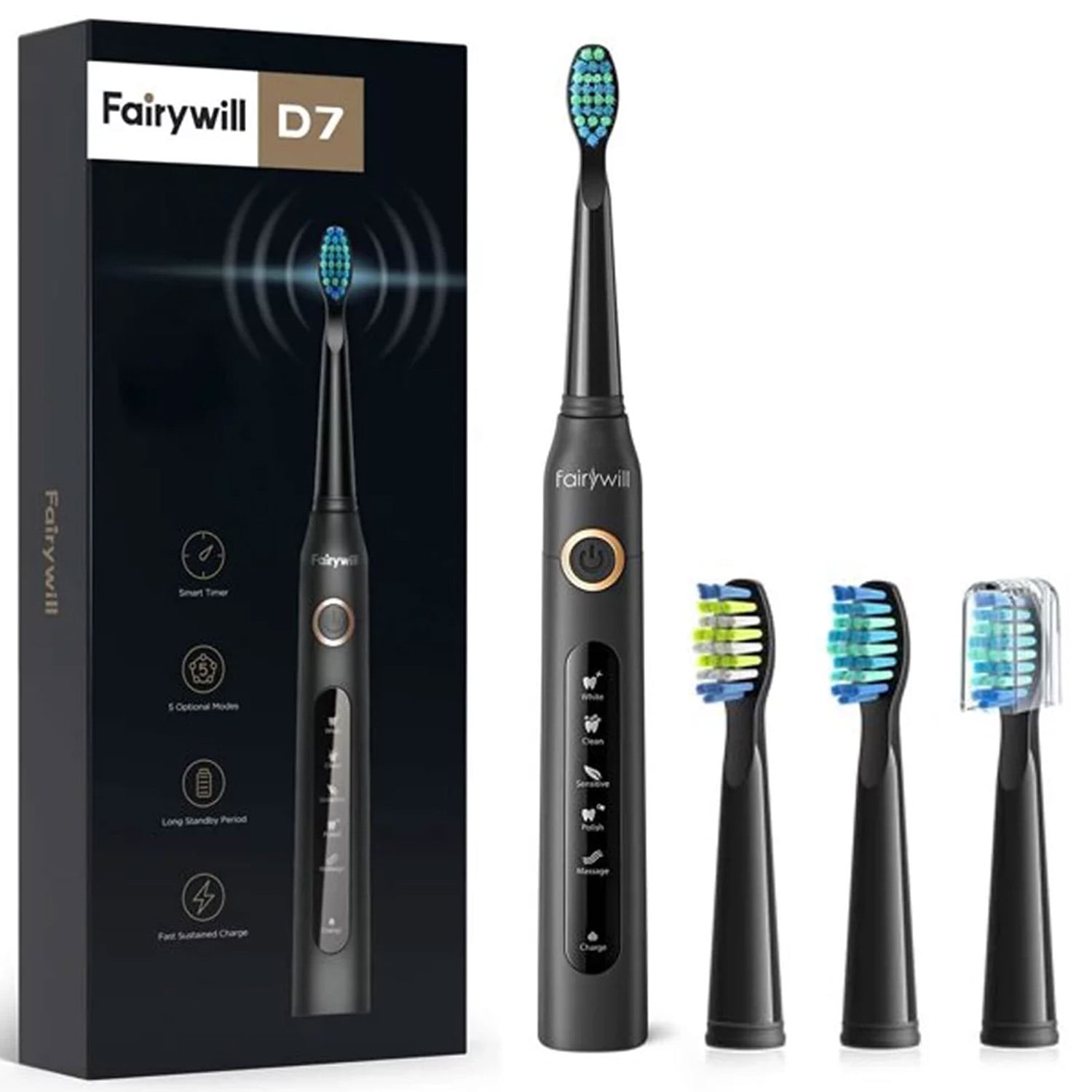 Fairywill Sonic Electric Toothbrush for Adults, Rechargeable with 6 Dupont Brush Heads, 47000 VPM, 5 Modes, Fast Charge,60-Day Battery, IPX7 Waterproof, Black