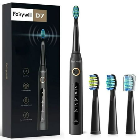 Fairywill Sonic Electric Toothbrush, Rechargeable Power Toothrush with 4 Brush Heads, 5 Modes and 2 Minutes Build in Smart Timer, Black