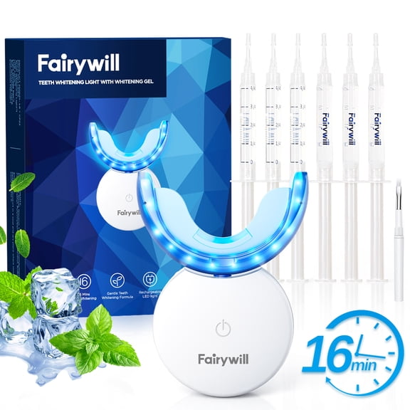 Fairywill LED Teeth Whitening Kit for Sensitive Teeth - 22% Carbamide Peroxide Gel with 24 Blue Light Accelerator, 16Min Rapid White At-Home Dental Care for Smoking & Coffee Stains