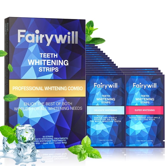 Fairywill Teeth Whitening Strips Kit for Sensitive Teeth - 21 Sensitive + 4 Extra Strength(50 Count/25 Treatments),Gentle Non-Slip White Strips, Removes Coffee & Wine Stains, Enamel Safe