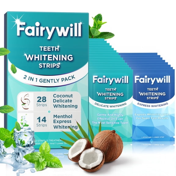 Fairywill Teeth Whitening Strips Kit for Sensitive Teeth - 28 Coconut Gentle & 14 Menthol Express(42 Count/21 Treatments),Gentle Non-Slip White Strips, Removes Coffee & Wine Stains, Enamel Safe