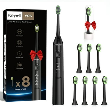 Fairywill Ultrasonic Electric Toothbrush,42000HZ/min Vibrations 8pcs Rechargeable Heads for Adults,4h Full Charge for 100Days,2min Build in Smart Timer, Black