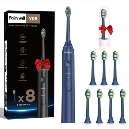 Fairywill Electric Toothbrush with 8 Replacement Brush Heads for Adults,4h Full Charge for 100Days,2min Build in Smart Timer, Blue