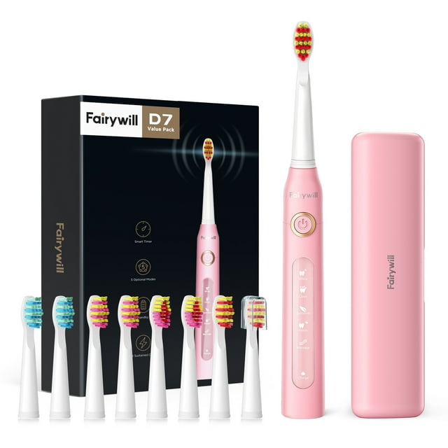 Fairywill Ultrasonic Toothbrush, 5 Modes, 8 Brush Heads, Adults, Waterproof, Rechargeable