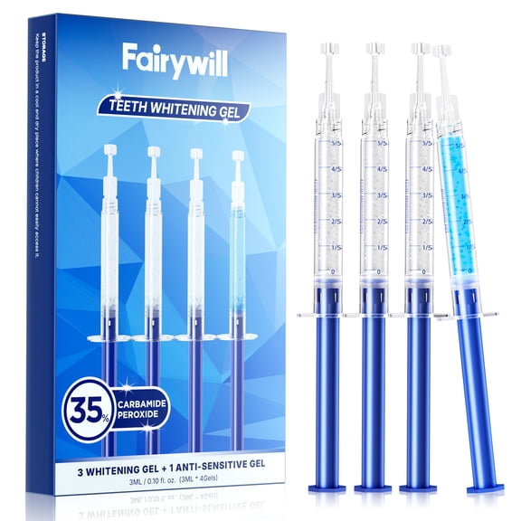 Fairywill Teeth Whitening Gel Refills for Sensitive Teeth - 35% Carbamide Peroxide (4 x 3ml), LED Light Compatible, At-Home Daily Treatments (20 Uses),Removes Coffee, Tea, Wine & Tobacco Stains