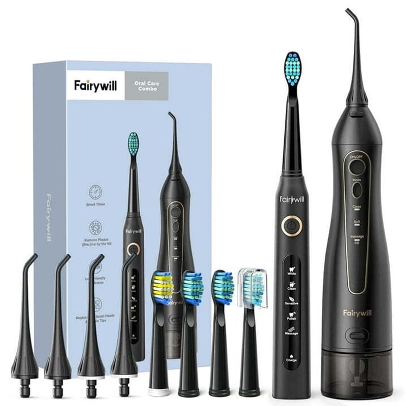 Fairywill Electric Toothbrush Water Flosser Combo, 5 Modes 4 Brush Heads for Toothbrush, 300ML Cordless Oral Irrigator for Flosser, Black