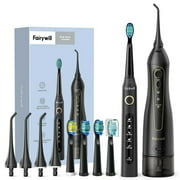 Fairywill Electric Toothbrush Water Flosser Combo, 5 Modes 4 Brush Heads for Toothbrush, 300ML Cordless Oral Irrigator for Flosser, Black