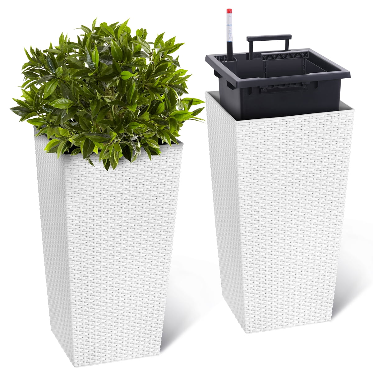 Faitaliicy 2-Pack 23" Tall Planter Modern Square Rattan Plant Pot Outdoor Indoor Large Garden Plant Pots Tree Flower Pot With Self-Watering Drain Holes Water Level Monito For Front Porch Patio