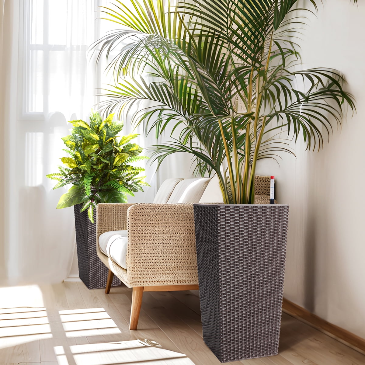 Faitaliicy 2-Pack 23" Tall Planter Modern Square Rattan Plant Pot Outdoor Indoor Large Garden Plant Pots Tree Flower Pot With Self-Watering Drain Holes Water Level Monito For Front Porch Patio