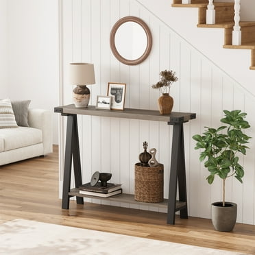 Faitaliicy 2 Tier Farmhouse Console Table Metal Frame Sofa Table Narrow Long Entryway Table With Storage Accent Behind Couch Table Industrial Wood Foyer Table For Living Room Hallway