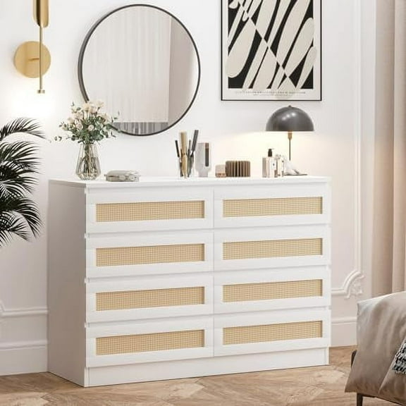 Faitaliicy 8 Drawer Double Dresser For Bedroom Wood Rattan Dresser Chest Of Drawers Modern Beside Table Wide Storage Cabinet For Closet Bedroom Living Room Entryway