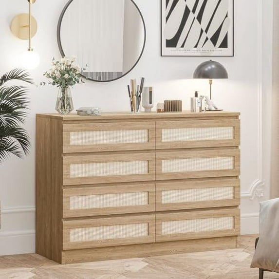 Faitaliicy 8 Drawer Double Dresser For Bedroom Wood Rattan Dresser Chest Of Drawers Modern Beside Table Wide Storage Cabinet For Closet Bedroom Living Room Entryway