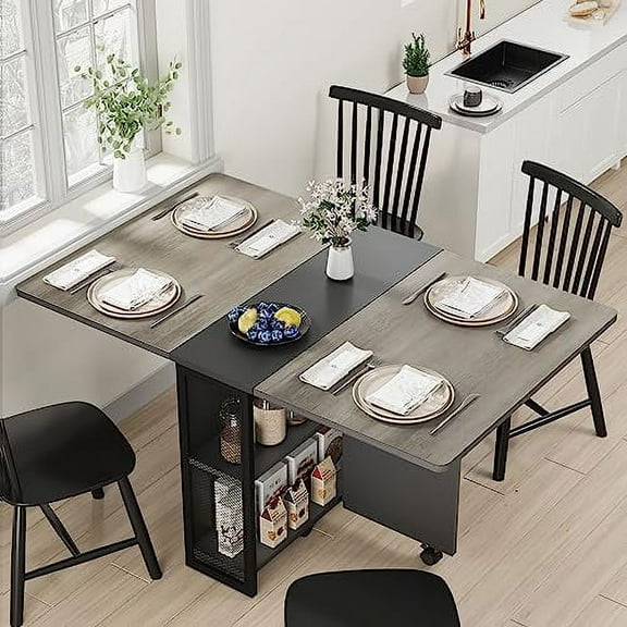 Faitaliicy Folding Dining Table, Dinner Table with Storage Shelves,Space Saving Dining Table with Wheels, Kitchen Table for Small Spaces