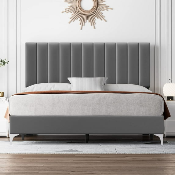 Faitaliicy Full Platform Bed Frame,Modern Geometric Double-Wing Design headboard/Flannel and Linen Fabric/Easy to Assemble no Noise