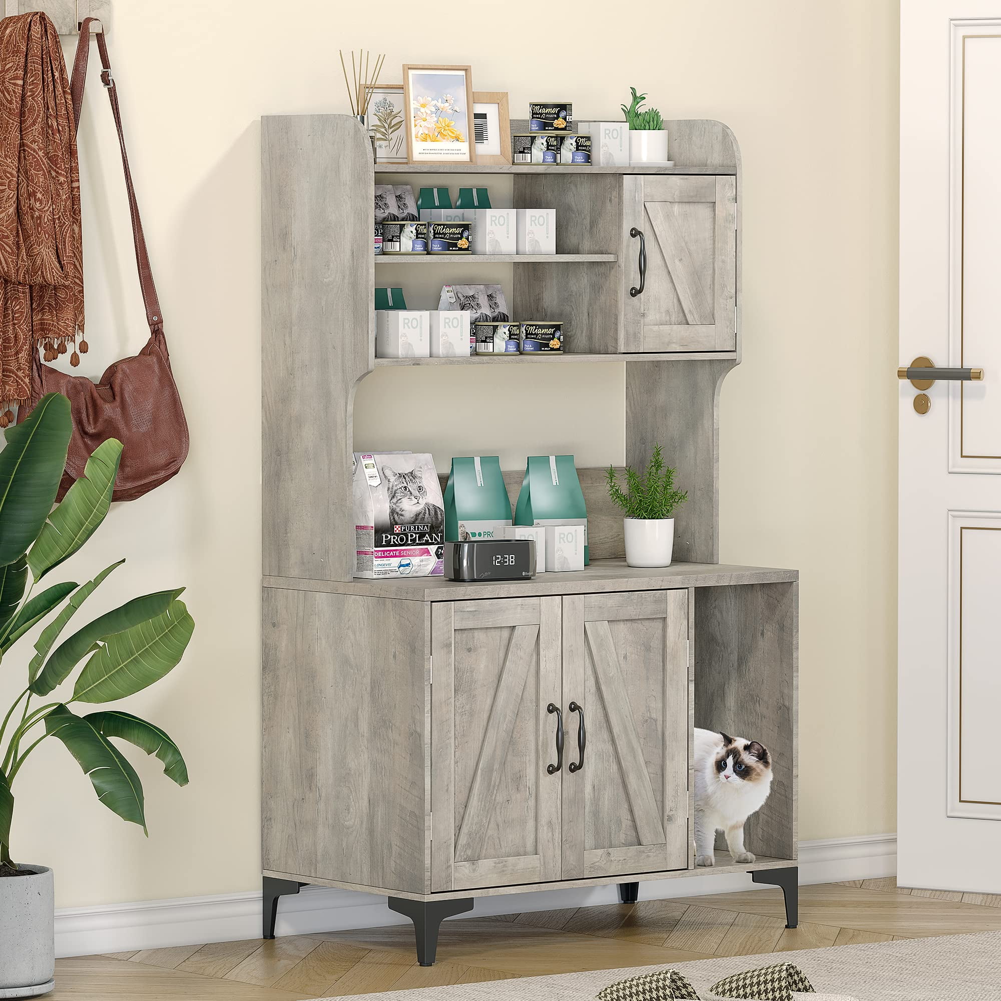 Faitaliicy Hidden Cat Litter Box Enclosure With Storage Shelves Wood Sturdy Cat Washroom Storage Cabinet Fit Most of Litter Box Indoor Cat House Furniture With Cat Scratching Pad