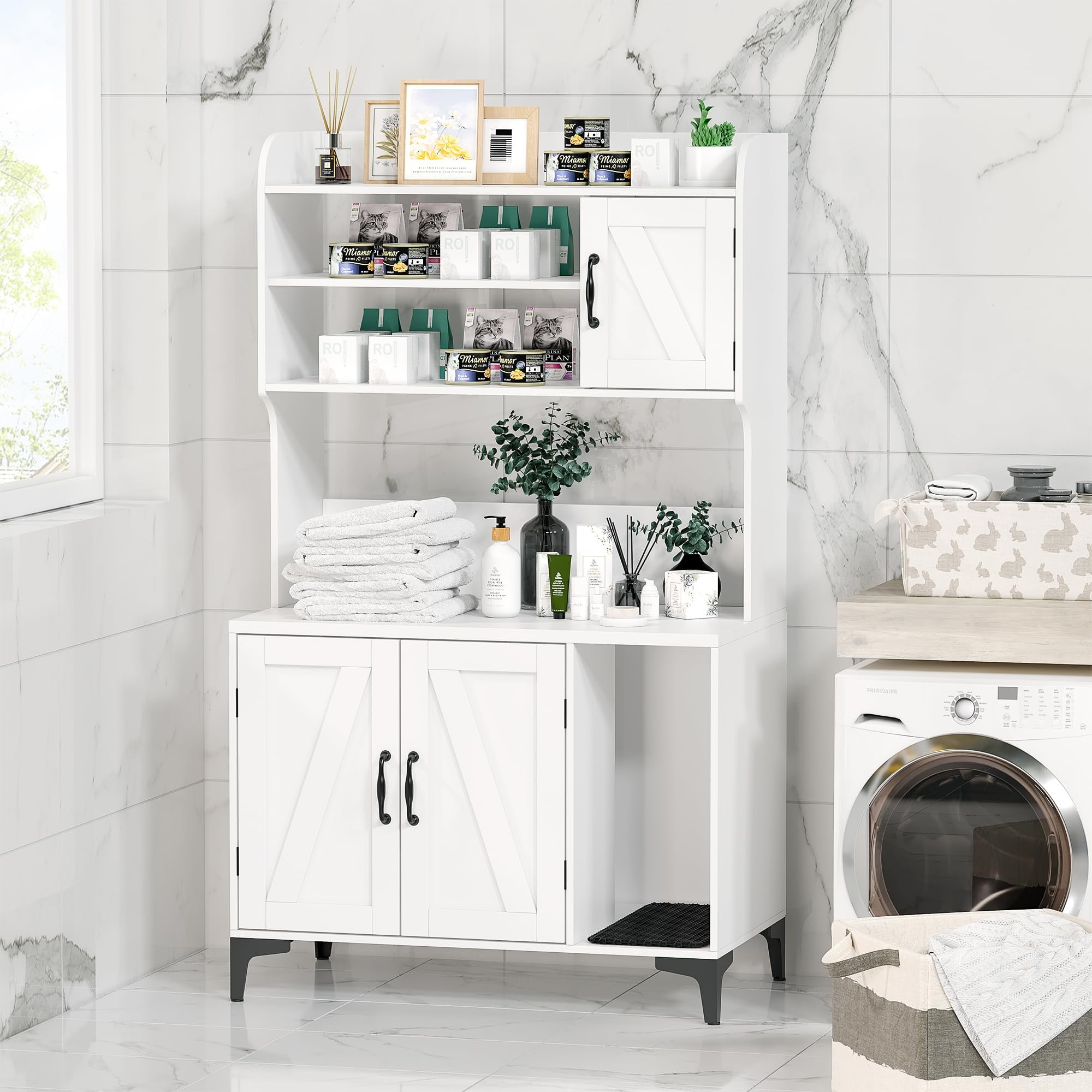 Faitaliicy Hidden Cat Litter Box Enclosure With Storage Shelves Wood Sturdy Cat Washroom Storage Cabinet Fit Most of Litter Box Indoor Cat House Furniture With Cat Scratching Pad