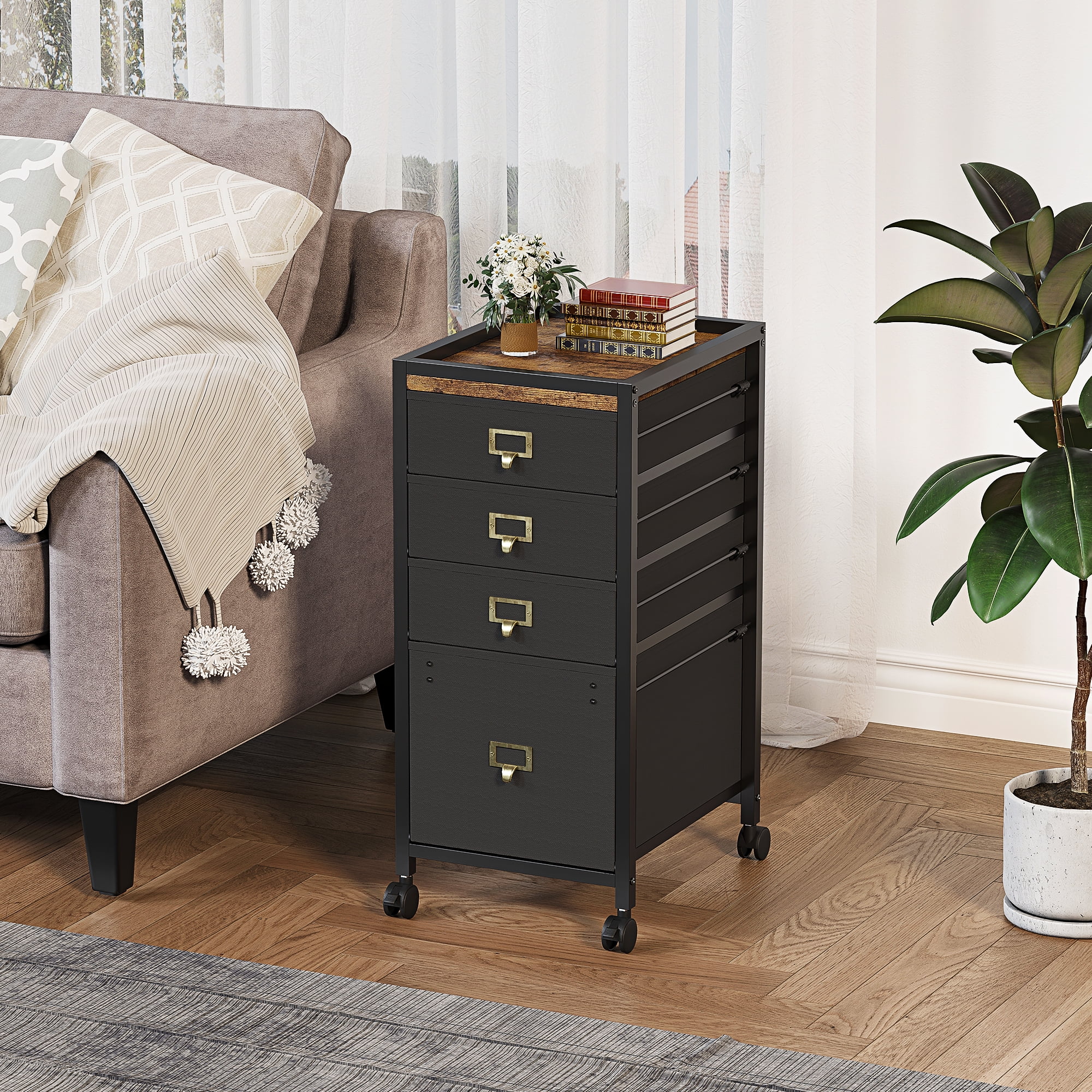Faitaliicy Mobile File Cabinet Wood Rolling Printer Stand With Drawers Fits A4 Or Letter Size Fabric Vertical Filing Cabinet Under Desk Storage Cabinet With Wheels For Home Office