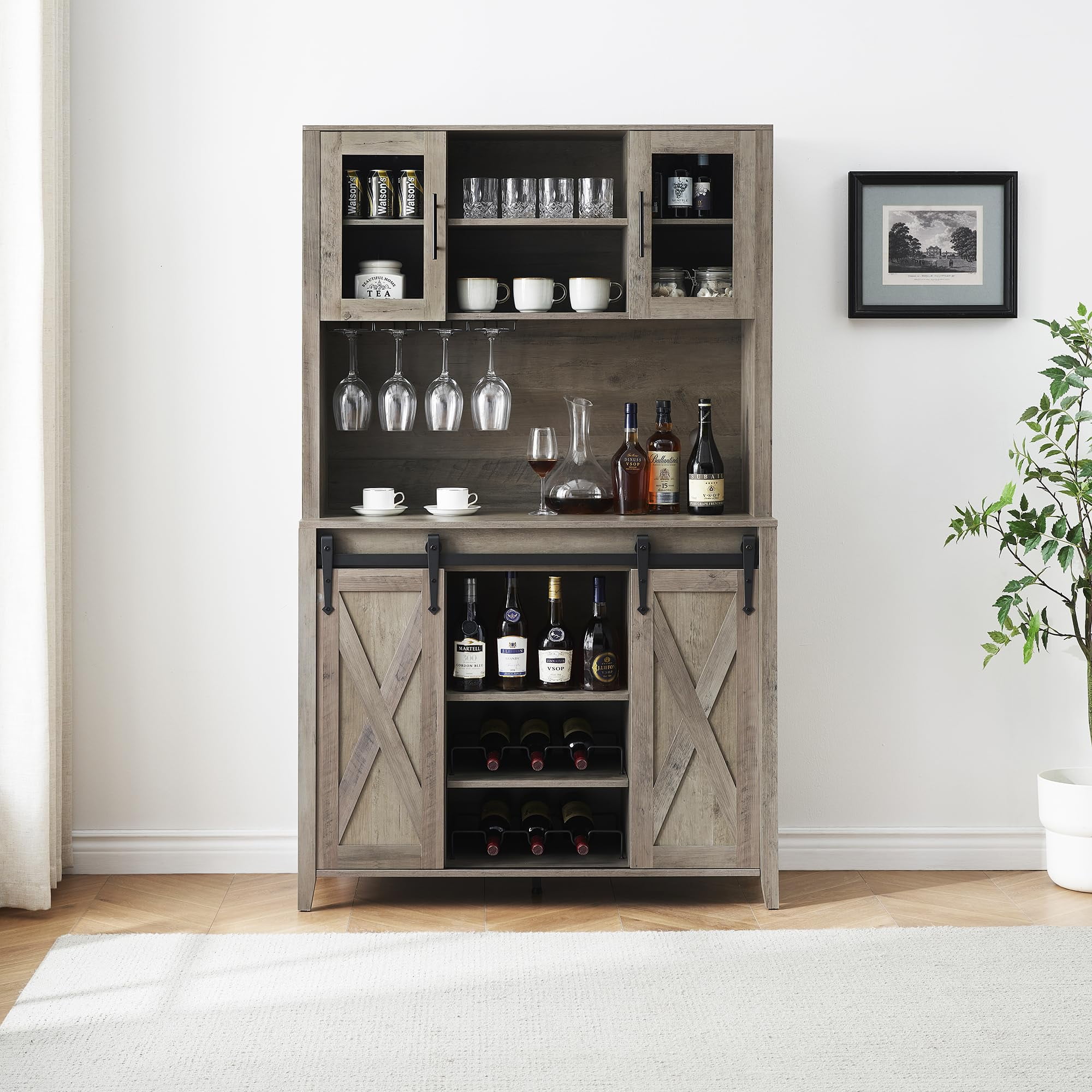 Buffet Sideboard Cabinet 16-Bottle Black Wood Wine Rack Farmhouse