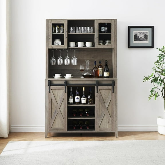 Faitaliicy Tall Farmhouse Bar Cabinet With Sliding Barn Door Rustic Buffet Cabinet Large Kitchen Buffet Liquor Cabinet With Wine And Glasses Rack Coffee Bar Sideboard Table For Kitchen Dining Room