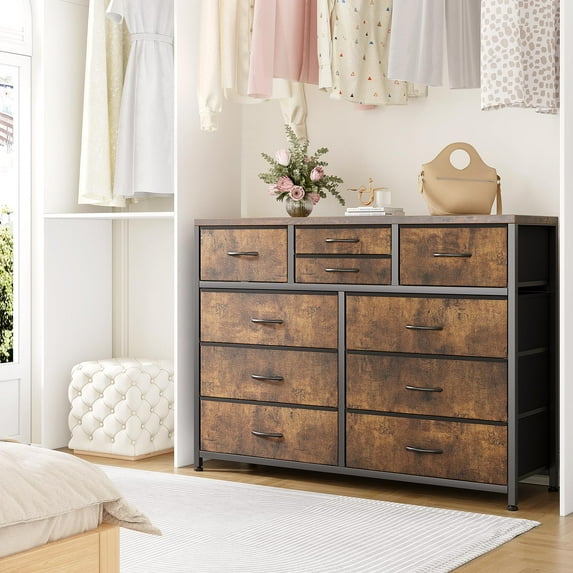 Faitaliicy Wide 10 Drawer Dresser For Bedroom Large Chest Of Drawers TV Stand Entertainment Center Fabric Storage Organizer Steel Frame Wood Top Bedroom Dresser For Hallway Closet Living Room