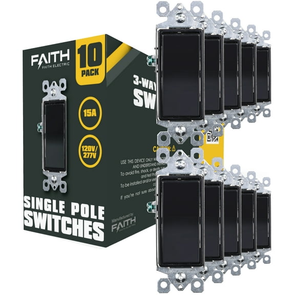 Faith [10-Pack] Single-Pole Decorator Paddle Wall Light Switch, 15A 120/277V, On/Off Rocker, Black, 10-Piece