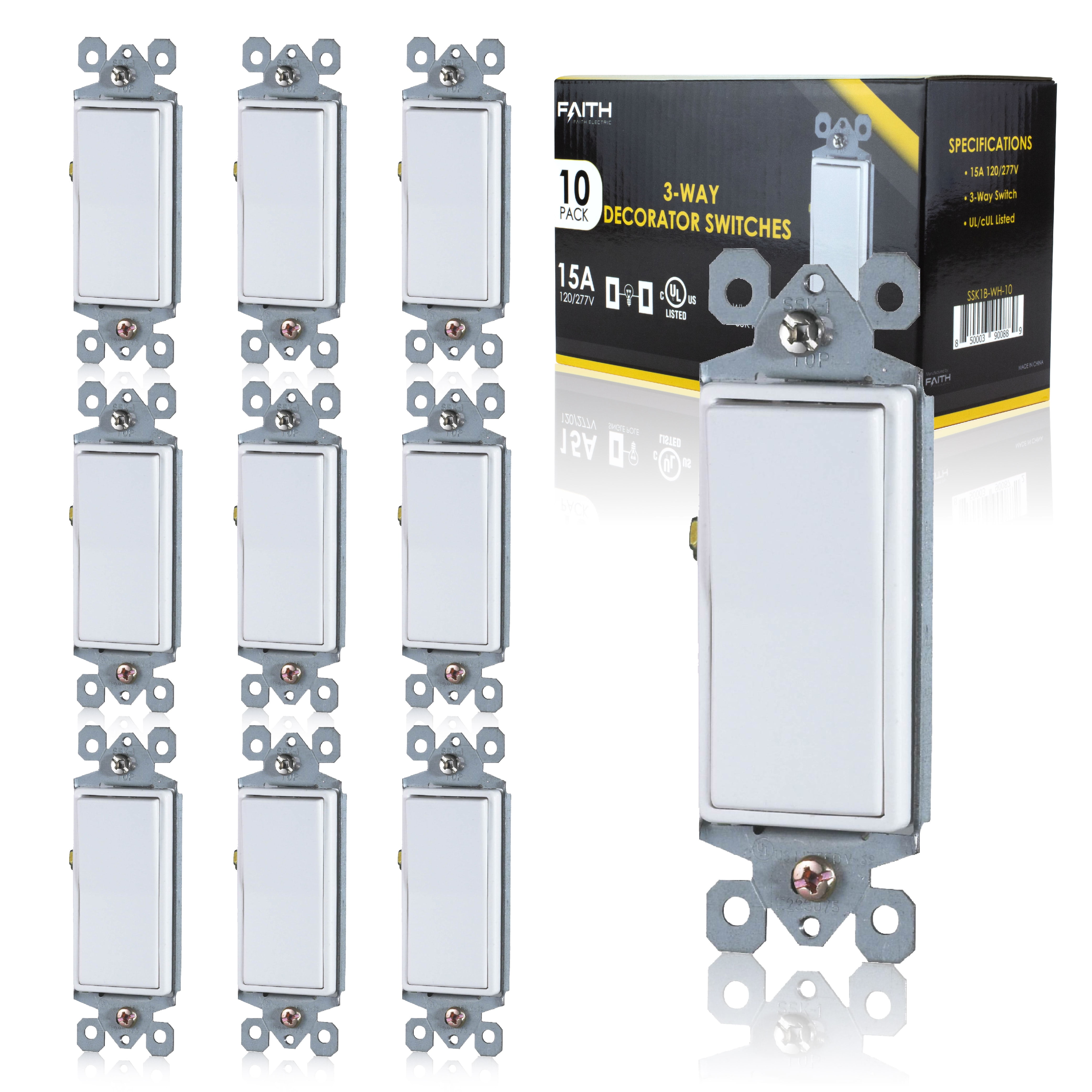 Faith [10-Pack] Single-Pole Decorator Paddle Wall Light Switch, 15A 120/277V, On/Off Rocker, White, 10-Piece