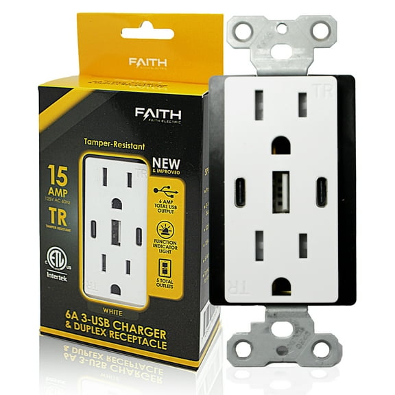 Faith 15A/120V White USB Receptacle Outlet TR with 2 Type C, 1 Type A USB Outlets at 6.0A 30W with Standard Wall Plate