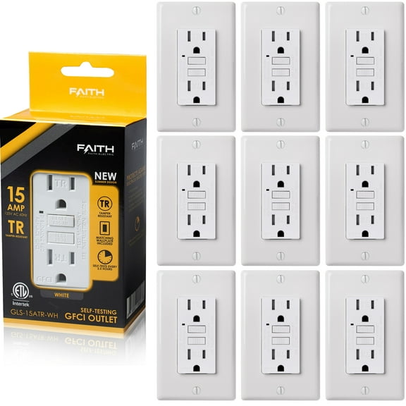 Faith 15A GFCI Outlets, Slim, Tamper-Resistant GFI Duplex Receptacles with LED Indicator, Self-Test Ground Fault Circuit Interrupter with Wall Plate, ETL Listed, White, 10 Pack
