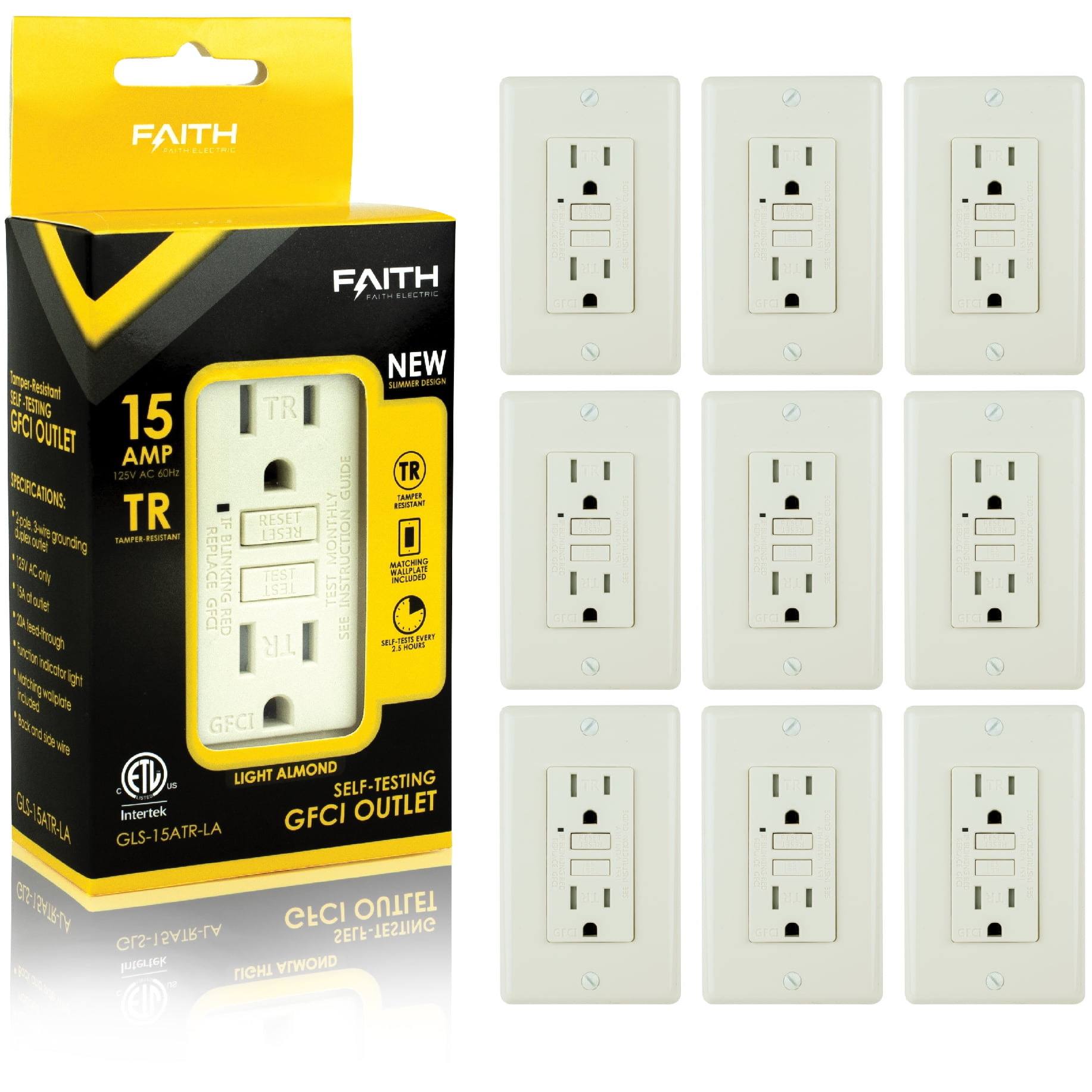 Faith 15A GFCI Outlets, Slim, Tamper-Resistant GFI Receptacles with Wall Plate, Lt Almond, 10-Pk