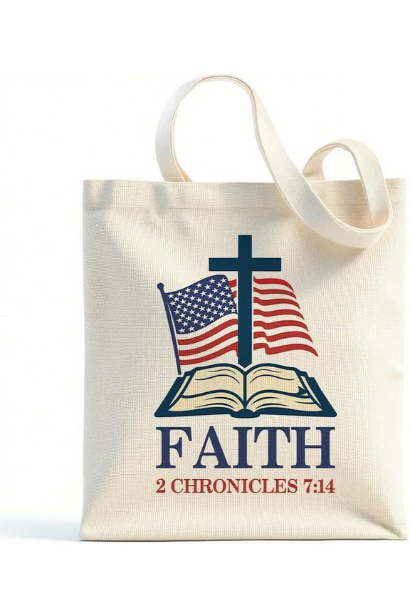 Faith 2 Chronicles 7:14 Flag Women Canvas Tote Bag, Inspirational Gifts for Christian Mom Grandma Aunt , Grocery Shopping Church Prayer Meeting Bag for Women