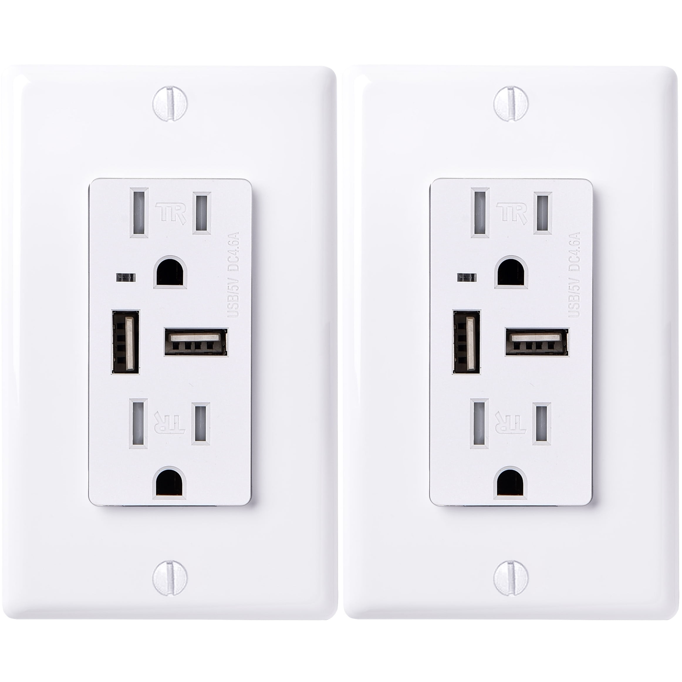 15A Tamper Resistant Duplex Outlet with USB Ports and Wall Plate, 2-Pack
