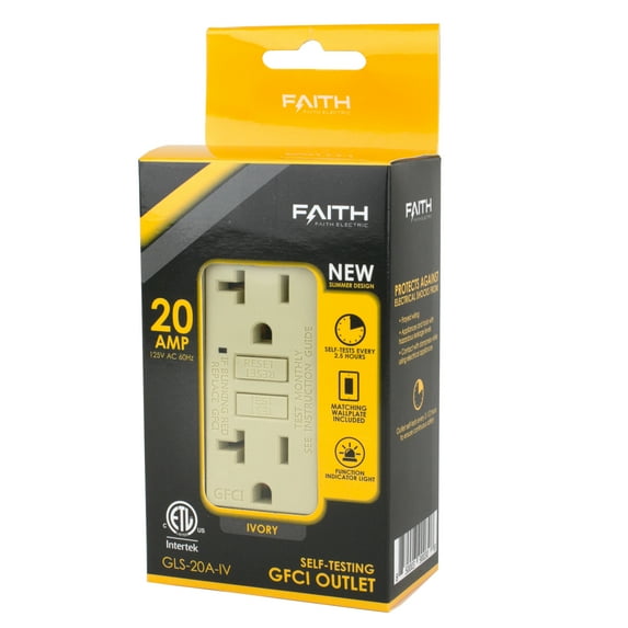 Faith 20A GFCI Outlet, Slim, GFI Receptacle with Wall Plate, Ivory