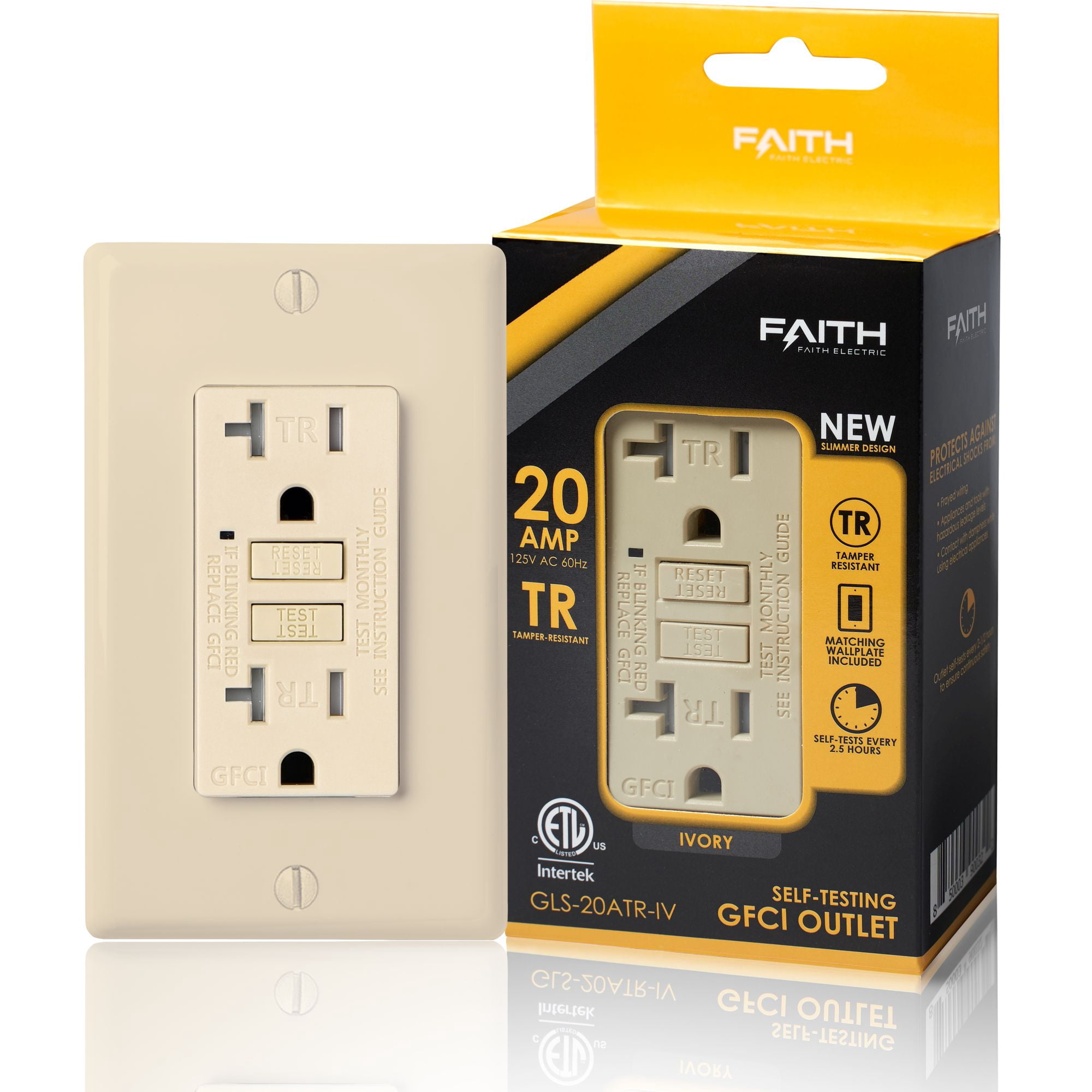 Faith 20A GFCI Outlet, Slim, Tamper-Resistant GFI Receptacle with Wall Plate, Ivory