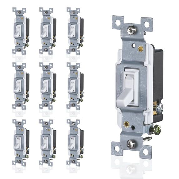 Faith 3 Way Toggle Switch White Residential Grade Standard Wall Electrical Switch, 15 Amp, Grounding Screw, 120V/277V, 10 Pack