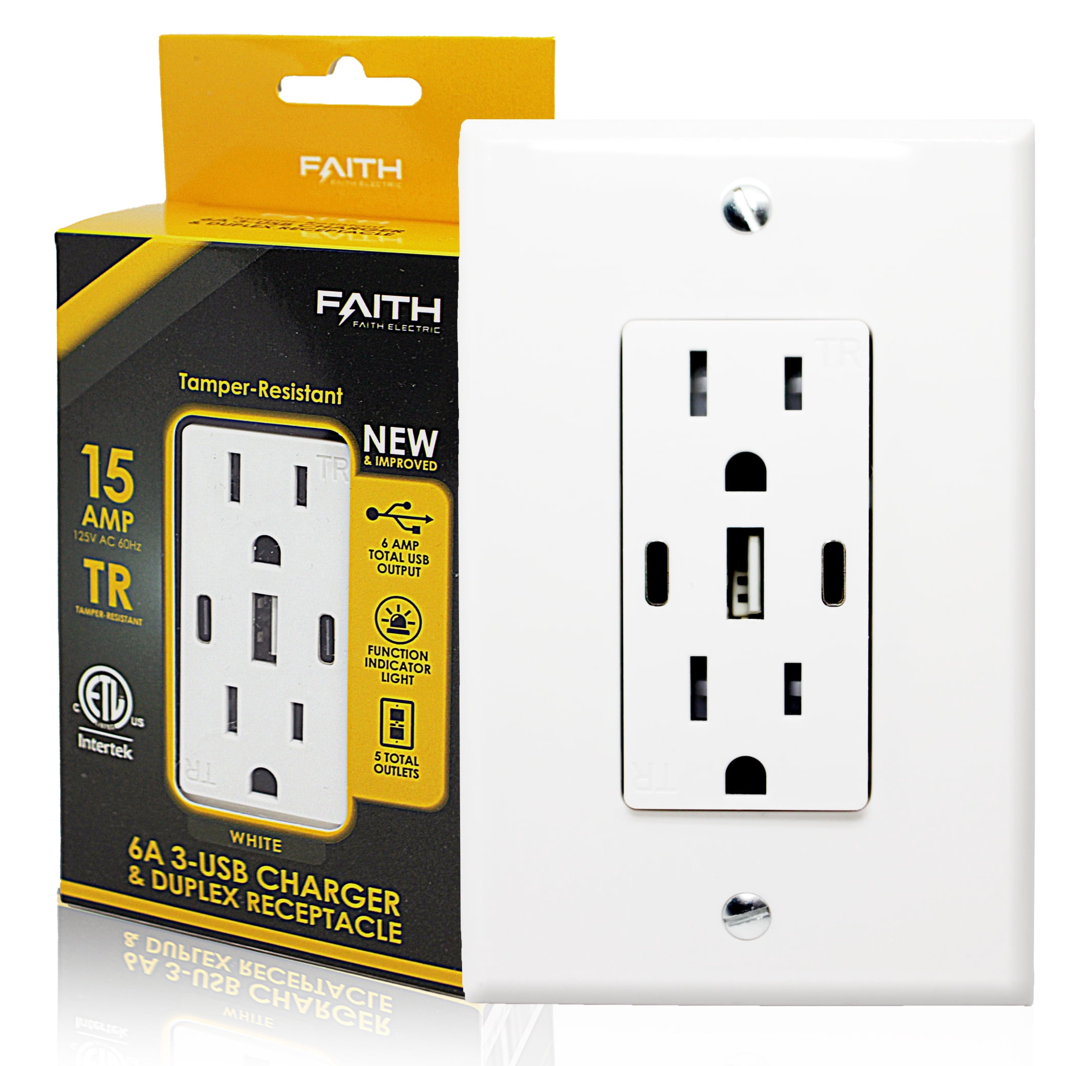 Faith 4.17 in. x 1.74 in. White 15A Tamper Resistant Duplex Receptacle Outlet with USB Ports for Type C and Type A and Screwless Wall Plate UC2A1-15A6ASP, Electrical Outlet and USB Wall Charger