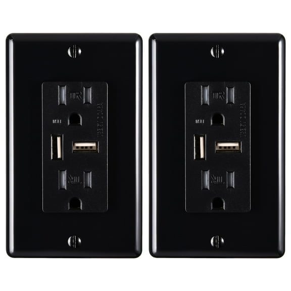 Faith 4.6A USB Outlet and 15A Decorator Tamper-Resistant Duplex Receptacle with Wall Plate, Black, 2-Pack