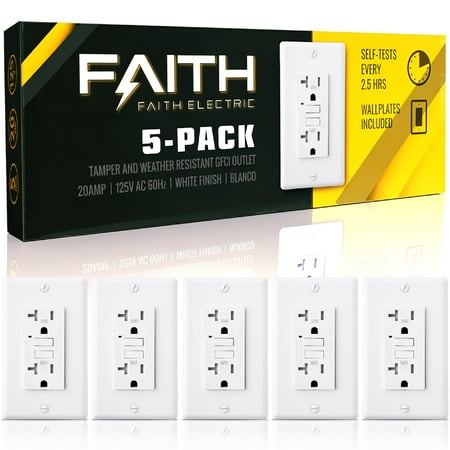 Faith [5-Pack] 20A Outdoor GFCI Outlets Slim, Weather and Tamper-Resistant GFI Duplex Receptacles, Self-Test WR TR Ground Fault Circuit Interrupter with Wall Plate, ETL Listed, White