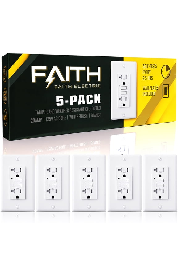 [5-Pack] 20A Outdoor GFCI Outlets Slim, Weather and Tamper-Resistant GFI Duplex Receptacles, Self-Test WR TR Ground Fault Circuit Interrupter with Wall Plate, ETL Listed, White