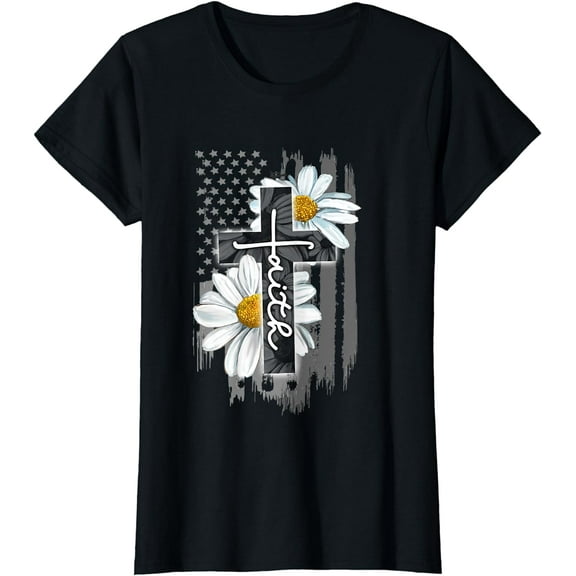 Faith American Flag Daisy Christian Faith Jesus God Lover T-Shirt