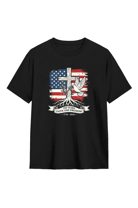 Faith And Freedom American Flag Cross Retro Graphic Tee For Men And Women, Religious Patriotic Cotton Short Sleeves T-Shirt