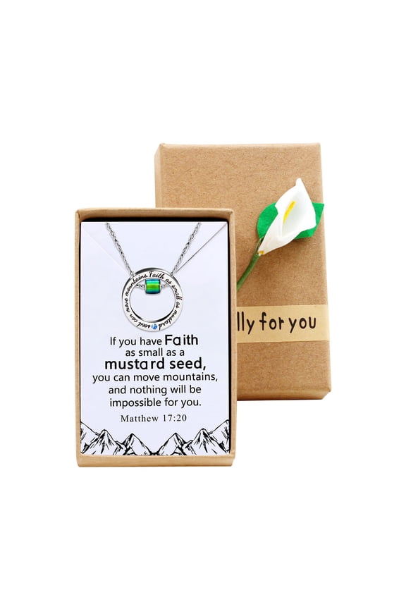 Faith As Small As A Mustard Seed Can Move Mountains Necklace Christ Bible Verse Jewelry with Color Changing Mood Bead , with Gift Box